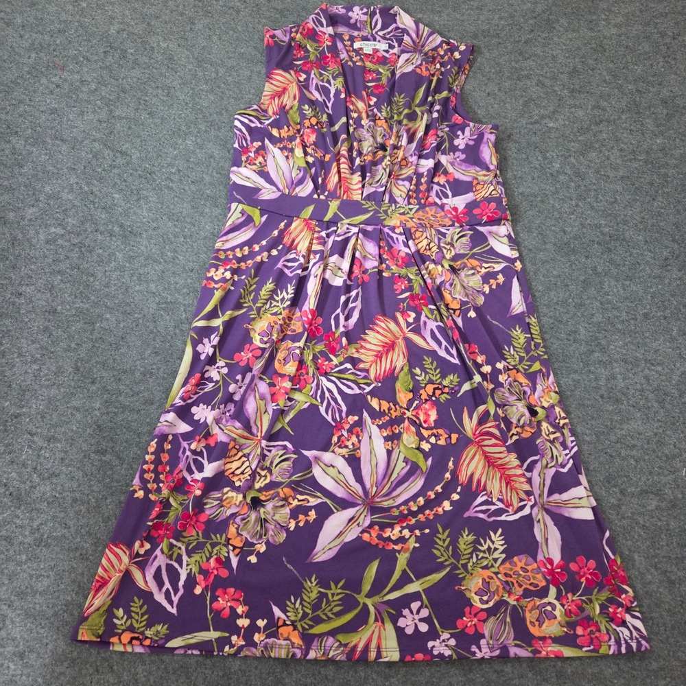 Chicos Womens Purple Tropical Floral Sleeveless V-Neck Surplice Dress Size 1 M
